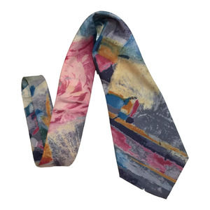 Vintage 80's Abstract Tie Pink & Blue Italian Silk Floral Large Rose Necktie